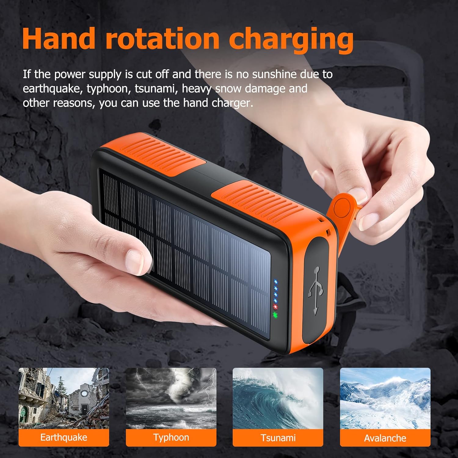 Solar Charger Power Bank 63200mAh, Portable Charger with Dual Outputs & Dual Inputs 4 LEDs Flashlight, Hand Crank Power Bank Fast Charging Battery Pack for Outdoor Camping Survival Gear - Image 4