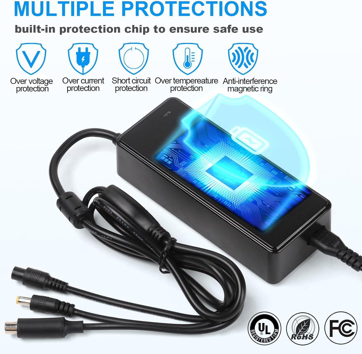 42V 2A Charger, 3 in 1 UL-Listed Universal 42V Charger Replacement with 3 Prong, 1 Prong Port - Image 4