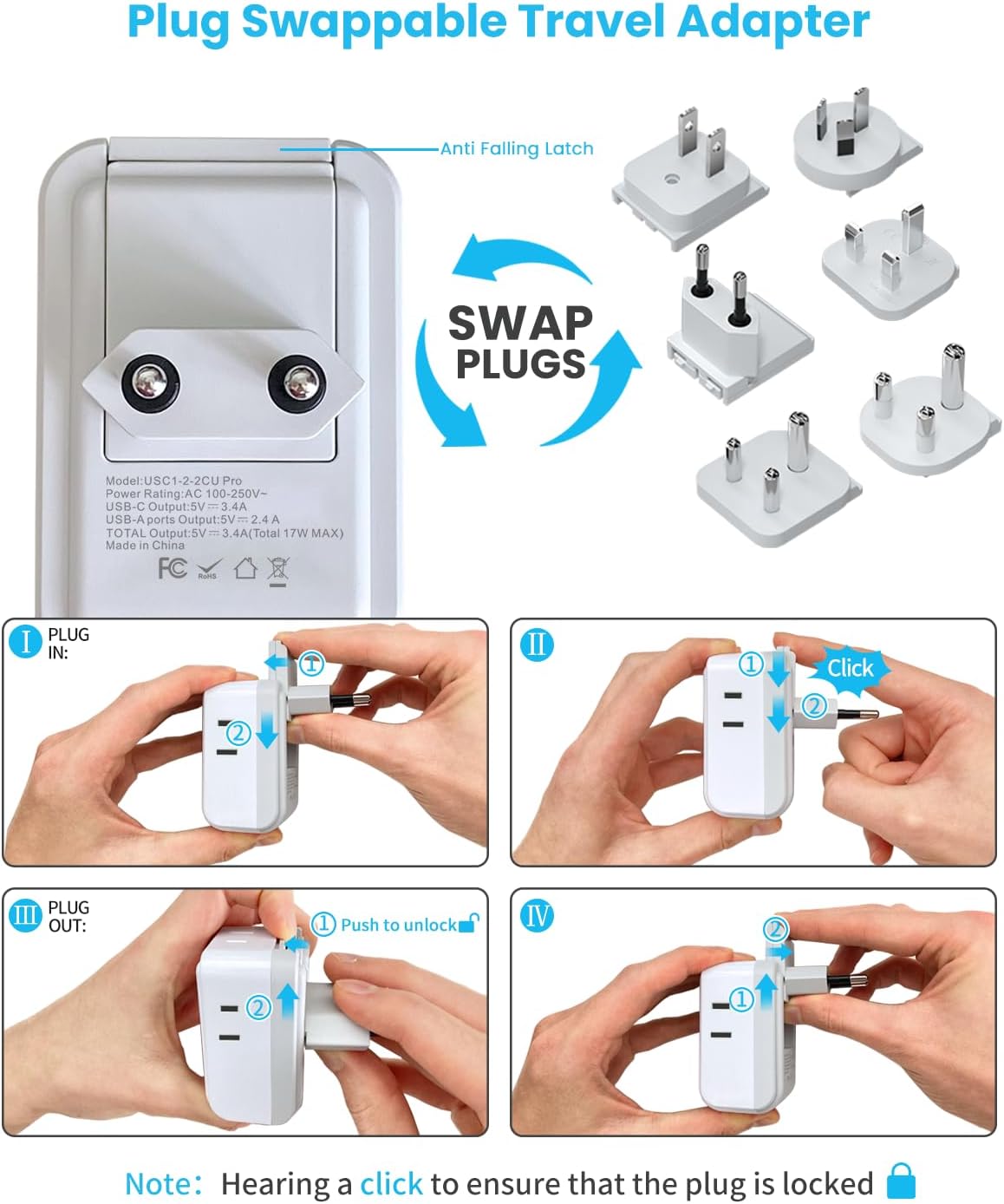VINTAR Universal Travel Adapter Kit, International Power Adapter with 3 USB Ports (2 USB C) & 4 AC Outlets, Type A,C,G,D,I,M Swap&Adapt Attachments, Travel Adapter Worldwide for US/EU/UK/India/Africa - Image 2