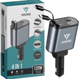 4-in-1 Retractable Car Charger with 2-Fast Charging Retractable Cables (2.6ft) and 2 USB Ports for iPhone, Android, USB-C & Micro USB – Universal, Compact, and Travel-Friendly Phone Charging Solution