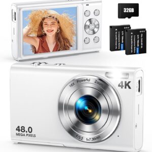 Digital Camera, Autofocus 48MP UHD 4K Vlogging Camera 16X Digital Zoom, Portable Compact Point and Shoot Digital Camera for Teens Adult Beginner with 32GB Card, 2 Batteries, Lanyard(White)