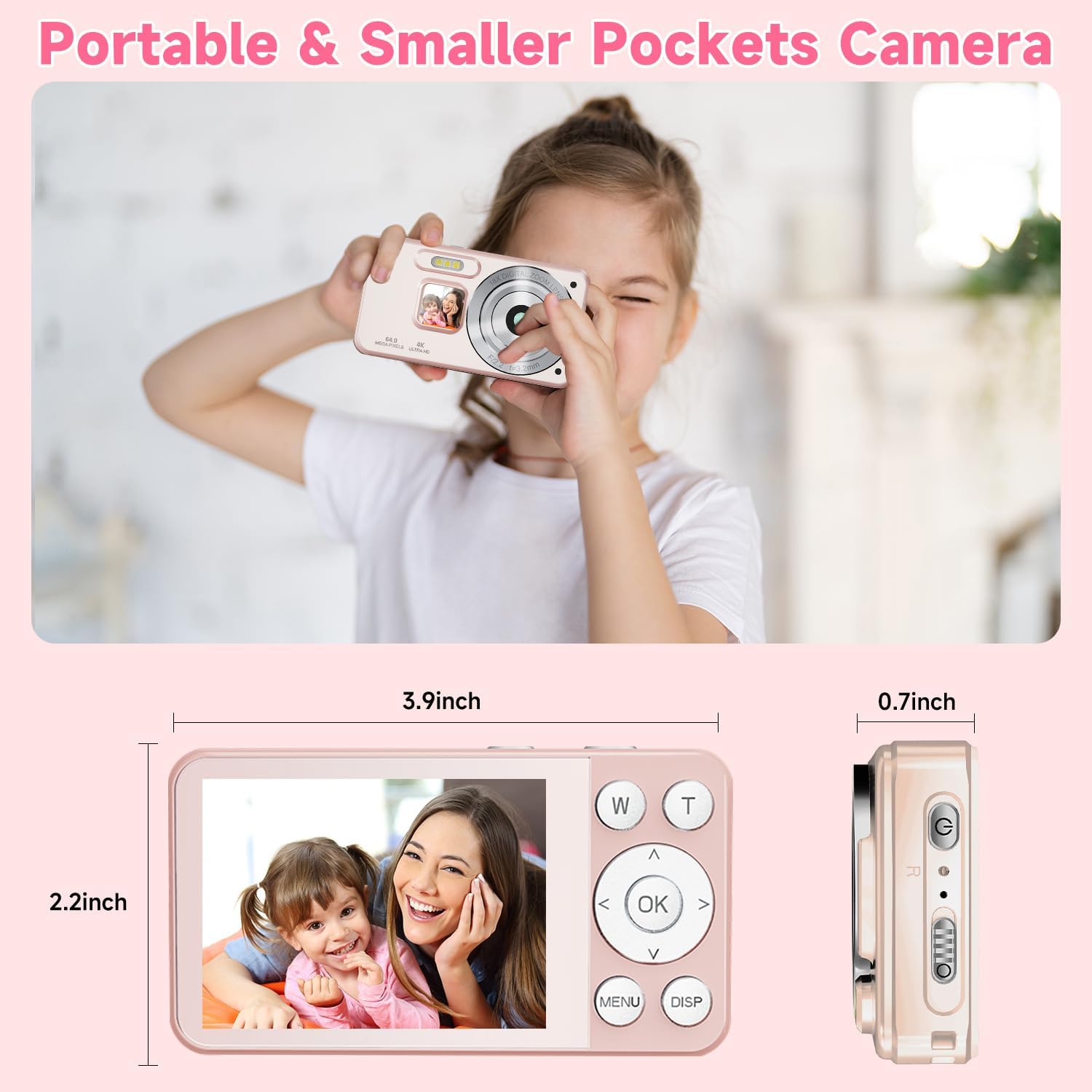 Digital Camera, Autofocus 4K 64MP Point and Shoot Digital Cameras for Teens with 64GB Card, 18X Zoom Anti-Shake Compact Video Camera for Student Kids Boys Girls Beginner - Pink - Image 5