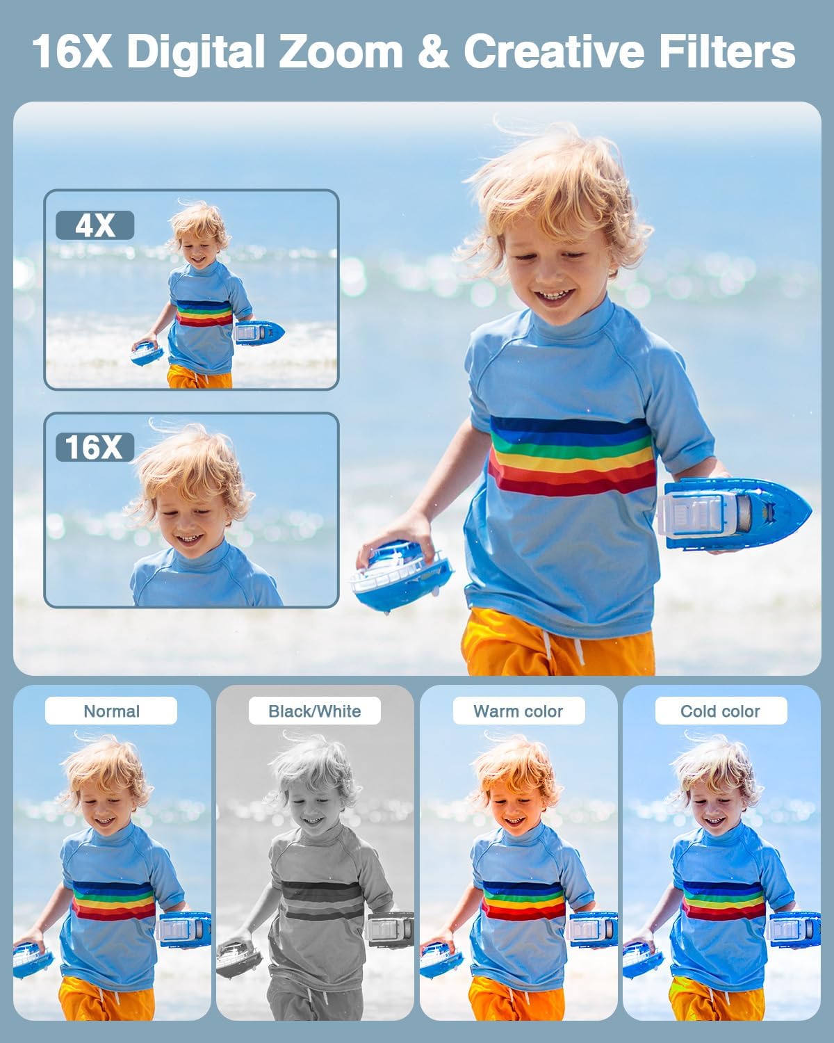 Digital Camera, Lecran FHD 1080P Kids Camera 44MP with 32GB Card, 2 Batteries, Lanyard, 16X Zoom Anti Shake, Compact Portable Small Point Shoot Camera for Kids Student Children Teens Girl Boy(Black) - Image 5