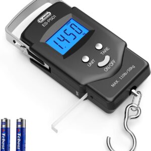 Dr.meter Fish Scale - PS01 110lb/50kg Backlit LCD Display Digital Scale with Built-in Measuring Tape - Fishing Scale with 2 AAA Batteries, Pocket Size - Fishing Gifts for Men