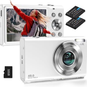 Digital Camera, Autofocus UHD 4K Vlogging Camera with 32GB Card, 48MP 16X Digital Zoom Digital Camera, Anti-Shake Portable YouTube Compact Point Shoot Camera for Teens Adult Beginner(White)