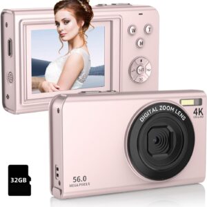 Digital Camera,FHD 1080P Camera for Photography, Compact Digital Point and Shoot Camera with 16X Zoom 2.8" Screen, Anti-Shake,56MP Camera with 32GB Card for Kids,Teens and Beginners (Pink)