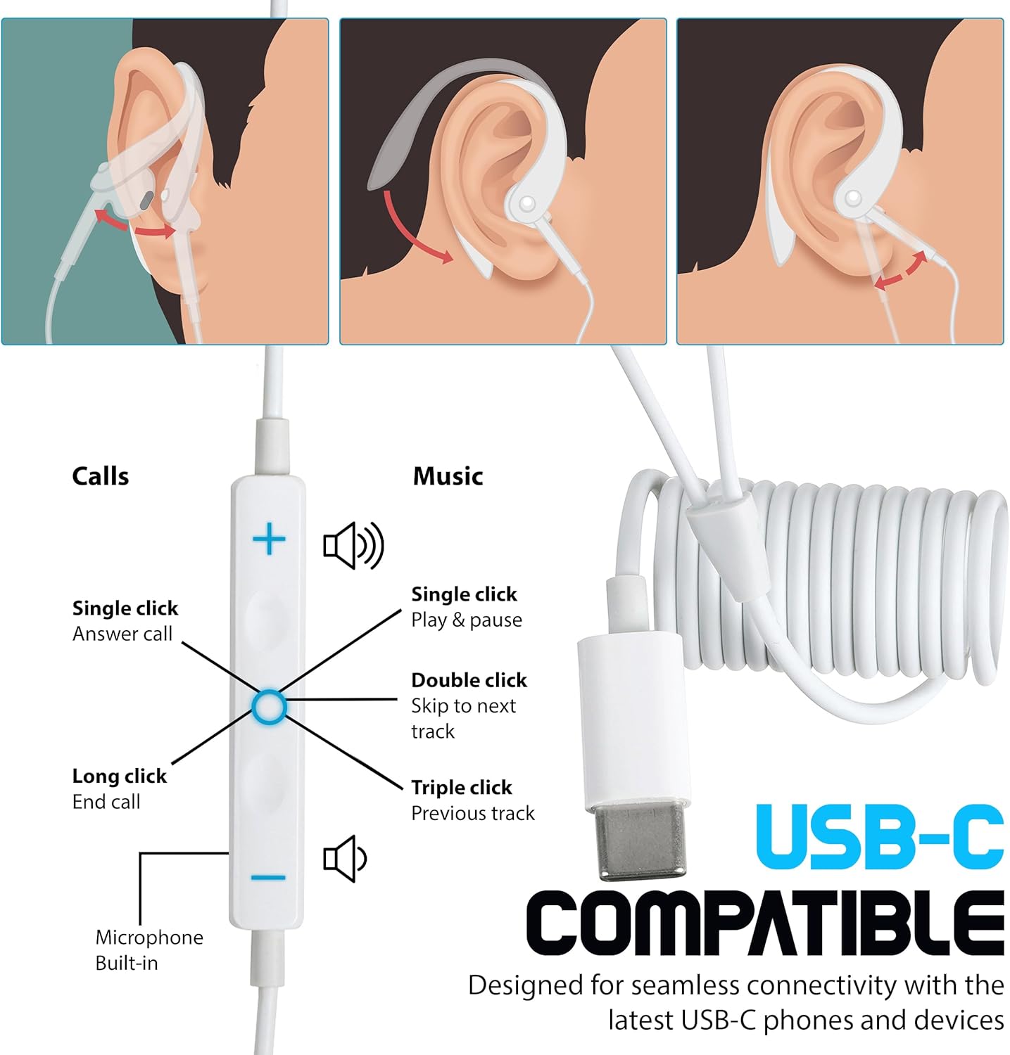 USB-C Wired Earbuds with Bendable Custom Earloops – Comfortable Fit, Sound, Compatible with Latest USB-C Phones - Image 8