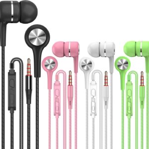 YNR 4 Pairs Wired Earbuds with Microphone & Volume Control, in Ear Earphones for School, Noise Islating High Definition, for 3.5mm Jack iPhone iPad iPod Samsung Google Devices (A12-4)