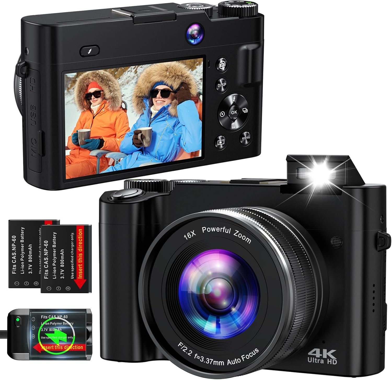 4K Digital Camera for Photography Autofocus 64MP Vlogging Camera for YouTube with Dual Cameras 16X Digital Zoom 4K Compact Travel Video Camera with 32GB SD Card,2 Batteries,Flash, Anti-Shake (Black)