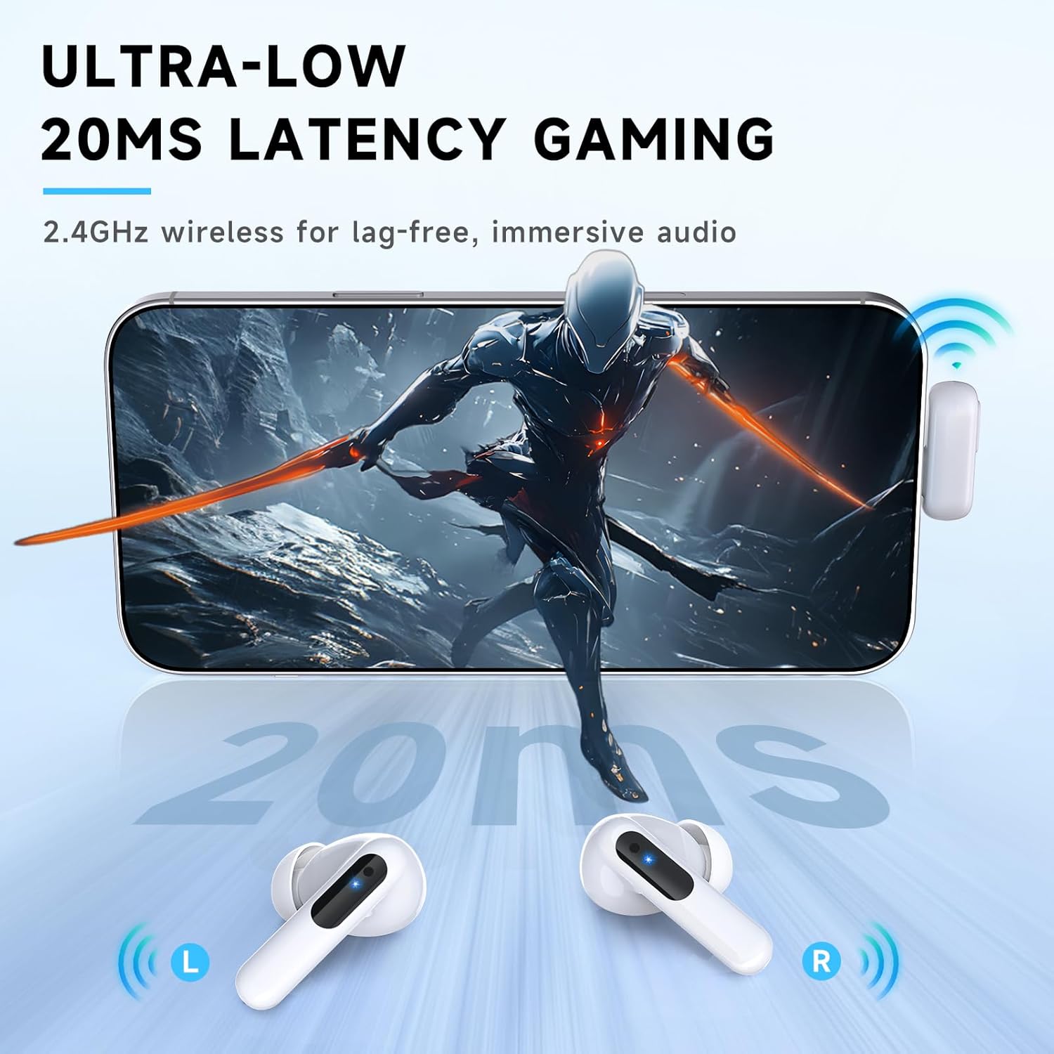 RYR 2.4GHz Wireless Gaming Earbuds, Bluetooth 5.3 in-Ear Headphones Bass Stereo, Gaming Earphones with Noise Cancelling Mic, LED Display, 36Hs Playtime for Meta Quest 3/2, PS5/4, VR, Switch, PC, Phone - Image 3