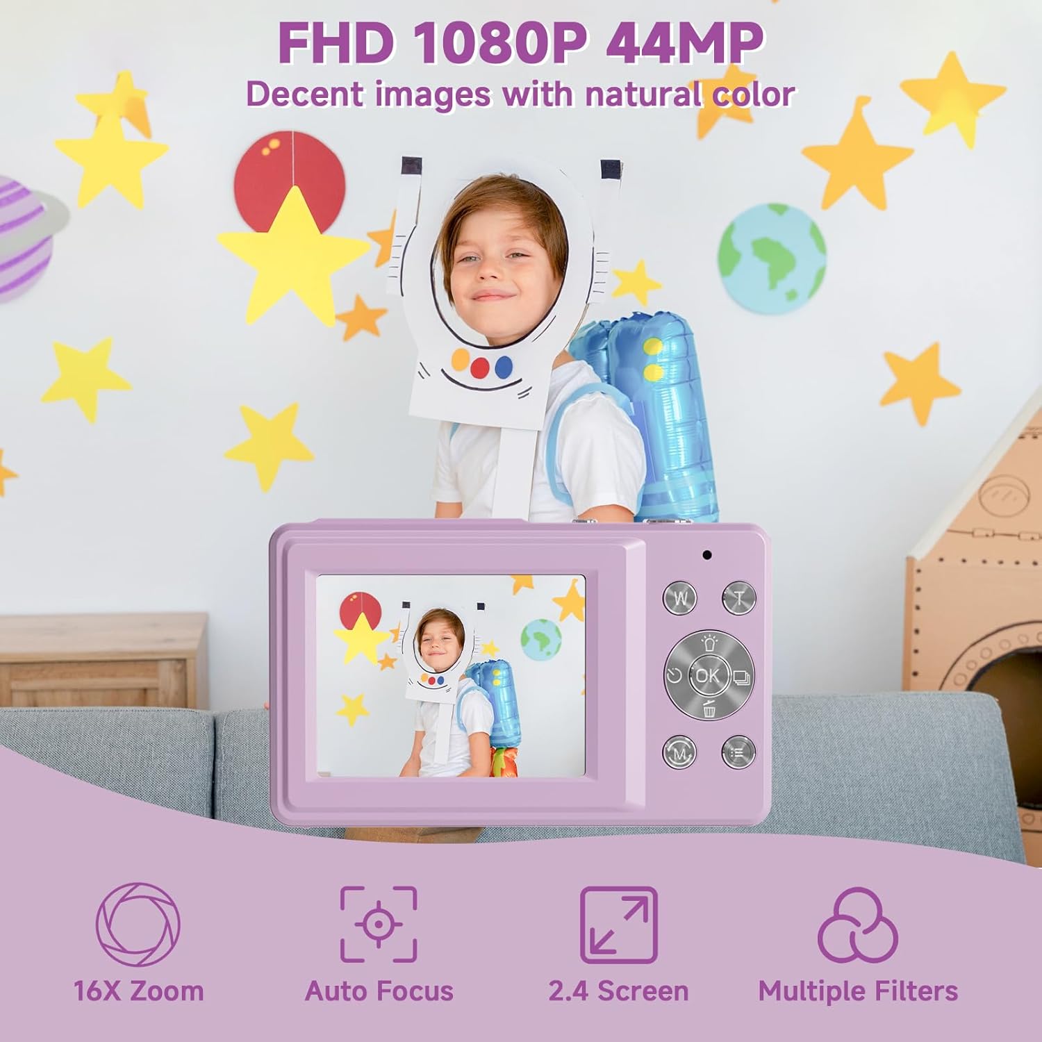 Digital Camera, FHD 1080P Digital Camera for Kids, Vintage Digital Camera with 16X Zoom, Face Detect, Smile Capture, Anti Shake, Compact Point and Shoot Camera Small Camera for Teens Purple - Image 2