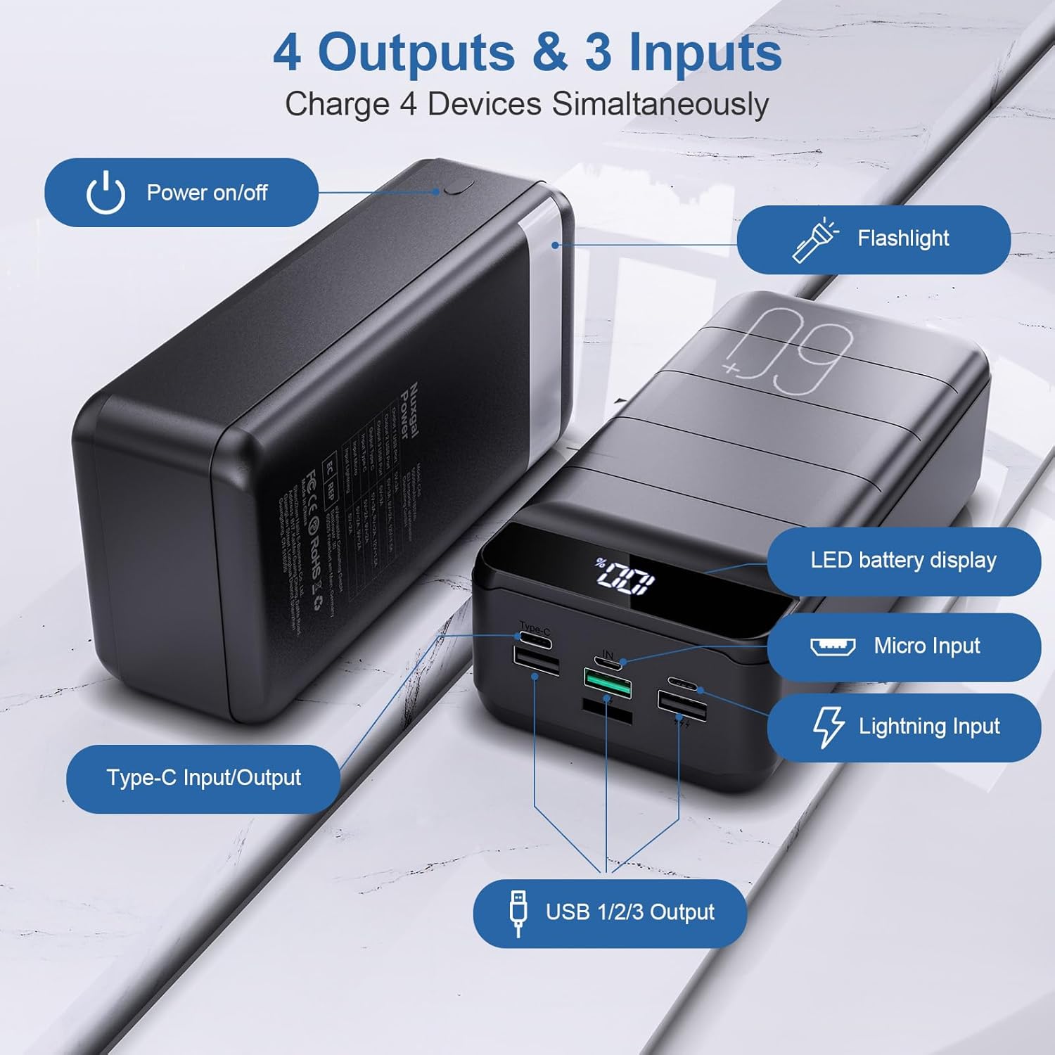 Portable Charger Power Bank 60000mAh Fast Charging 22.5W PD4.0 & QC 4.0 with USB C Battery Pack Charger Portable High Capacity Portable Phone Charger Power Bank for iPhone, Samsung, Galaxy, Travel - Image 3