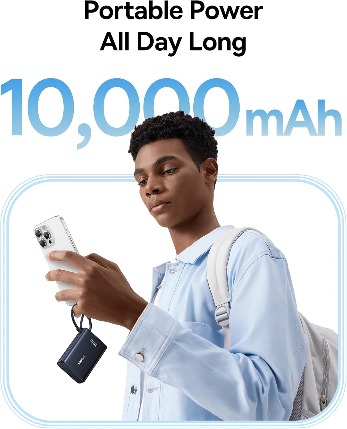 Baseus Power Bank, Picogo 10000mAh 45W 3-Output Portable Charger with Built-in USB-C Cable, PPS/PD QC Fast Charging External Battery Pack for iPhone 16/15/14/13 Series, Samsung, MacBook Pro, iPad - Image 4