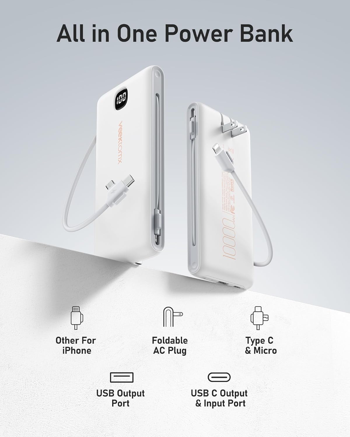 VEEKTOMX Portable Charger with Built in Cables 10000mAh, Power Bank for iPhone with Wall Plug, Travel Essential Fast Charging USB C Slim External Battery Pack for iPhone16/15/14, Samsung, iPad, etc - Image 3