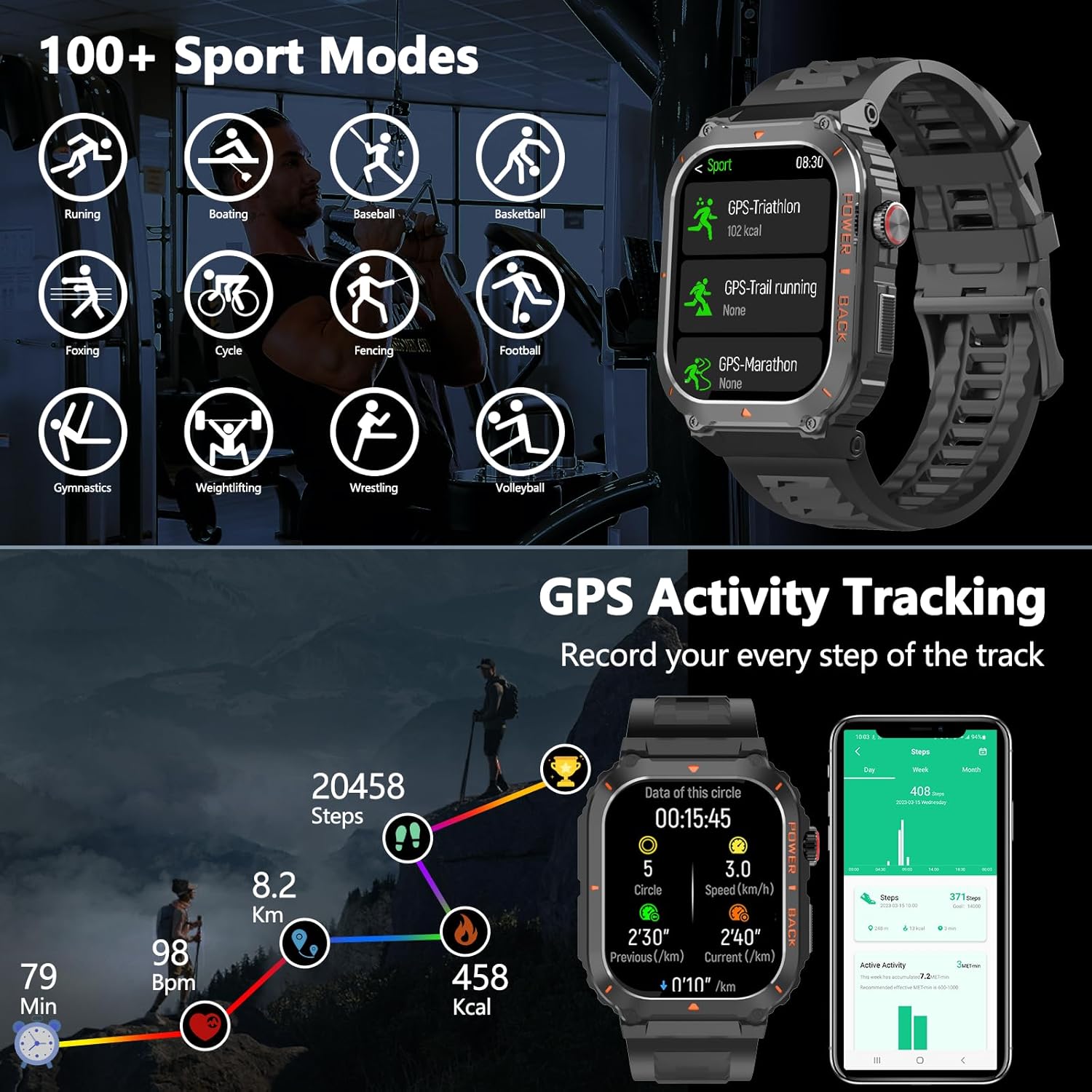 Smart Watch, Military GPS Smart Watches for Men(Answer/Make Call),Outdoor Sports Smartwatches with Health Monitor, Compass/Altitude/Air Pressure, Fitness Tracker for Android/iPhone (with GPS, Black) - Image 3