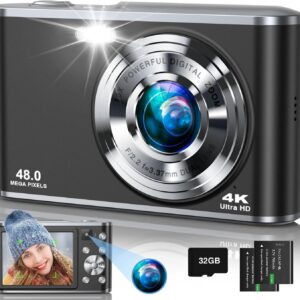 Digital Camera, 4K Autofocus Vlogging Selfie Camera with Front and Rear Dual Lenses, 32GB Card, 16X Zoom, Anti-Shake, 48MP Compact Portable Point and Shoot Digital Camera for Kid Teen Beginner(Black)
