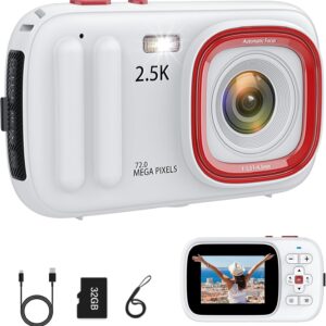 Digital Camera 72MP 2.5K Compact Point and Shoot Camera, 16X Zoom Auto Focus, Vintage Camera for Kids with 32GB Card - Ideal Retro Camera Gift for Teens, Students, Boys, Girls, Kids,White