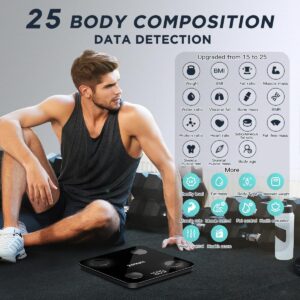 TOPMAKE【2024 Upgrade】 Scale for Body Weight, Digital Bathroom Scale BMI Body Fat Scale, 25 Body Composition Analyzer with App sync with Bluetooth, Batteries and Tape Measure Included, Black