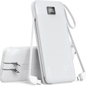 ANOUV Portable Charger with Built-in Cables&AC Wall Plug,10000mAh Power Bank,PD 22.5W USB-C Fast Charging External Battery Pack with LED Display for iPhone 16/15/14 iPad Samsung S22 S21 Galaxy(1 Pack)