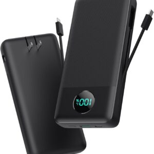 Portable Charger 33800mAh USB C Power Bank with Built-in Cables & AC Wall Plug,25W Fast Charging+QC 4.0 Phone Charger,4 Output LCD Display Battery Pack Compatible with iPhone16/15,Samsung,Android etc