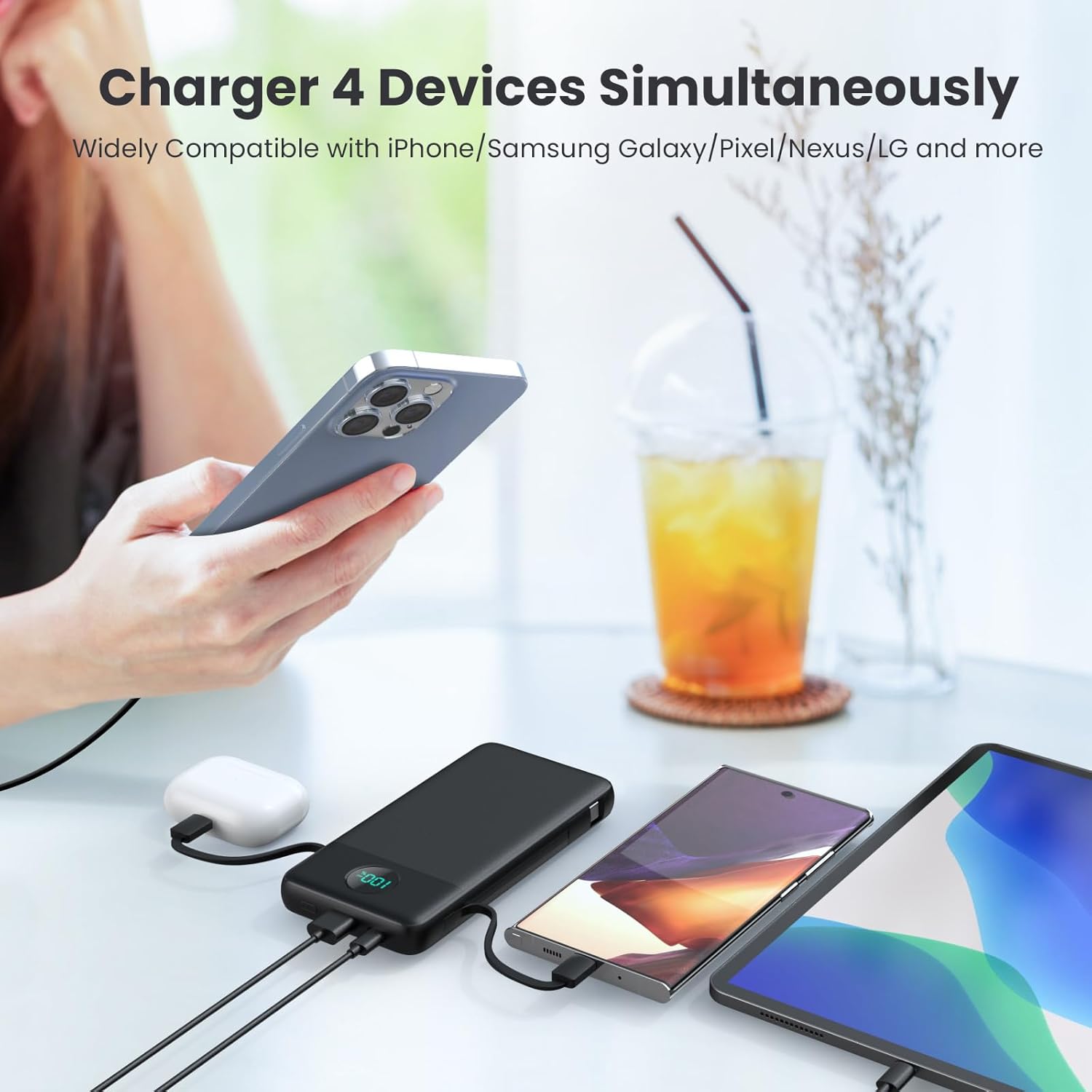 Portable Charger USB C Power Bank with 2 Built in Cables & AC Wall Plug,13800mAh Portable Battery Pack Fast Charging Compact LED Display Universal Compatible with iPhone 16/15,Galaxy S23,Tablets etc - Image 4