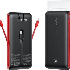 Portable Charger with Built-in Cables, Fast Charging Power Bank with Wall Plug 10000mAh, USB C Battery Pack Compatible with iPhone 15/14/13/12/11, Samsung, Huawei, More USB-C Devices - Black