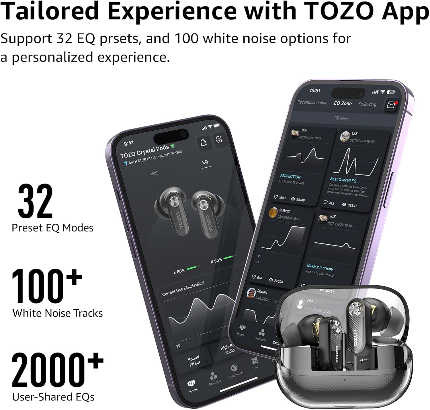 TOZO Hybrid Active Noise Cancelling Wireless Earbuds, 10mm Drivers Deep Bass Stereo Sound, 4 Mics Smart ENC AI Calls, 32 EQ Customization via App, Bluetooth 5.4 Headphones, Crystal Case Design - Image 5