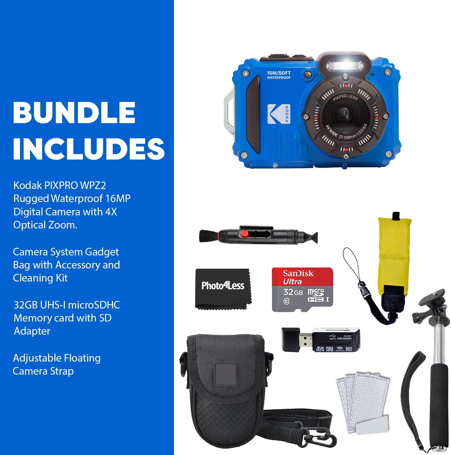 Kodak PIXPRO WPZ2 Rugged Waterproof Shockproof Digital Camera 16MP 4X Optical Zoom 1080P Full HD Video, 2.7" LCD (Blue), 32GB SD Card, Black Compact Camera Case, Floating Strap, Bundle (7 Items) - Image 7