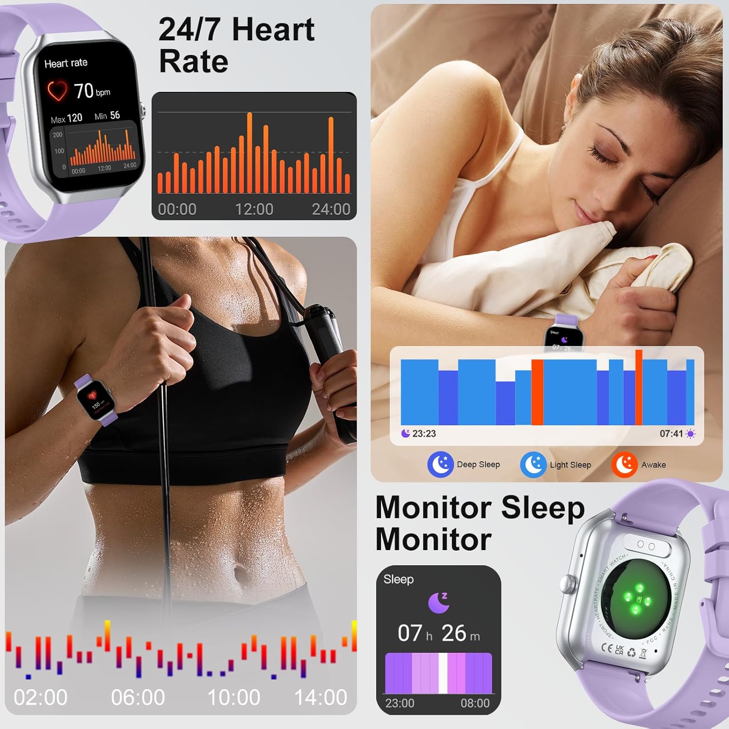 Smart Watch for Men Women (Answer/Make Call), 1.96" HD Smartwatch with Heart Rate/Sleep Monitor/Pedometer/Calories, 113+ Sports Fitness Watch, IP68 Waterproof Activity Tracker for Android iOS-Purple - Image 5