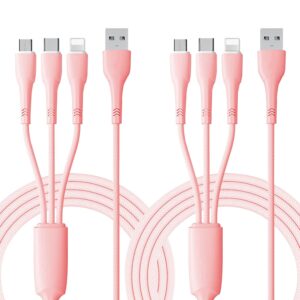 Multi Charging Cable 4FT 2Pack, Nylon Braided Universal 3 in 1 Multi Charger Cable Adapter with IP/Type C/Micro USB Port for Phone/Samsung Galaxy/PS5/Huawei/Pixel/LG/Tablets and More(Pink)