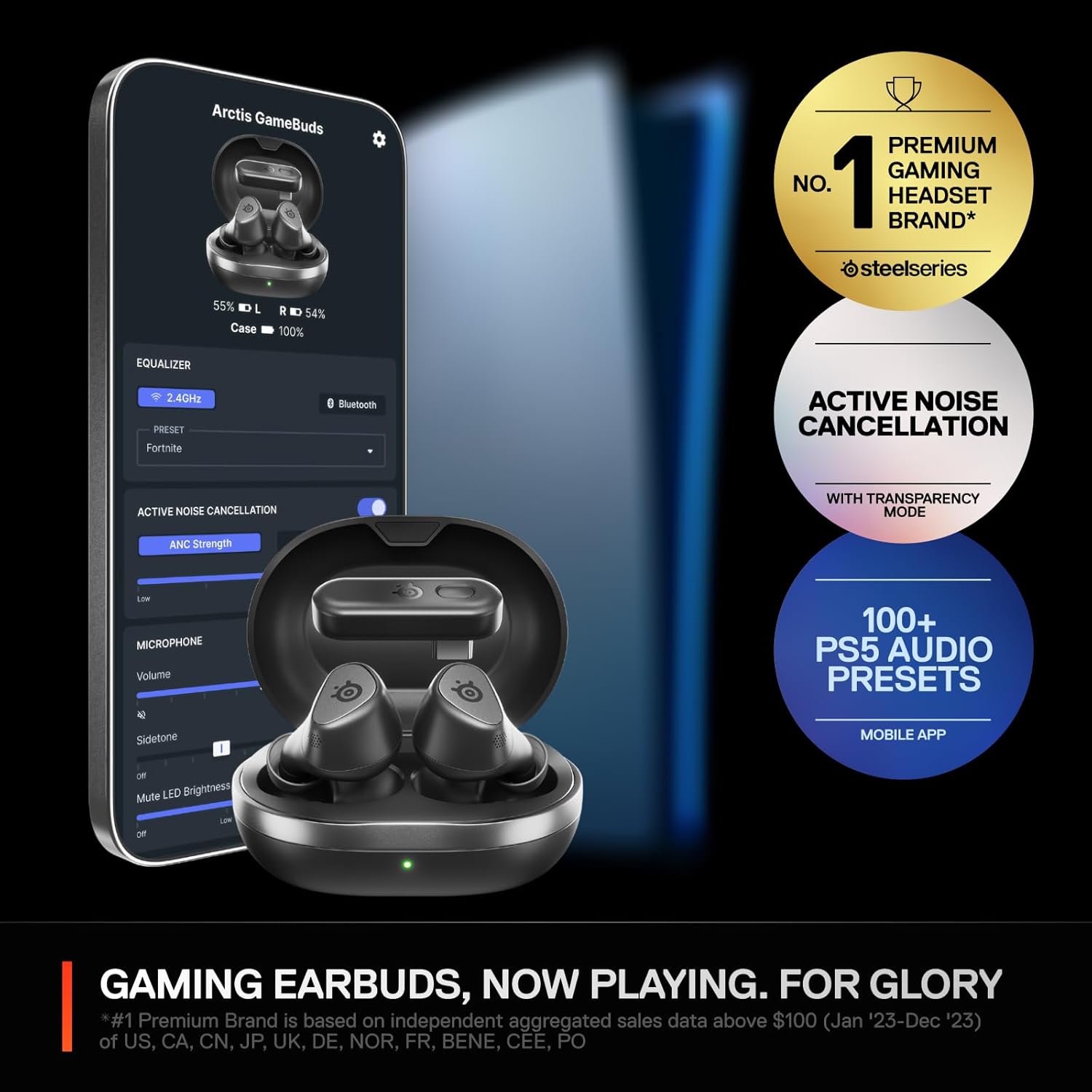 Arctis GameBuds for PlayStation/PC/Switch/Mobile — 2.4GHz + Bluetooth 5.3 Earbuds — Active Noise Cancelling — Mobile App Sound Presets — Water Resistant IP55 — 40H Battery with Qi Charging Case - Image 2