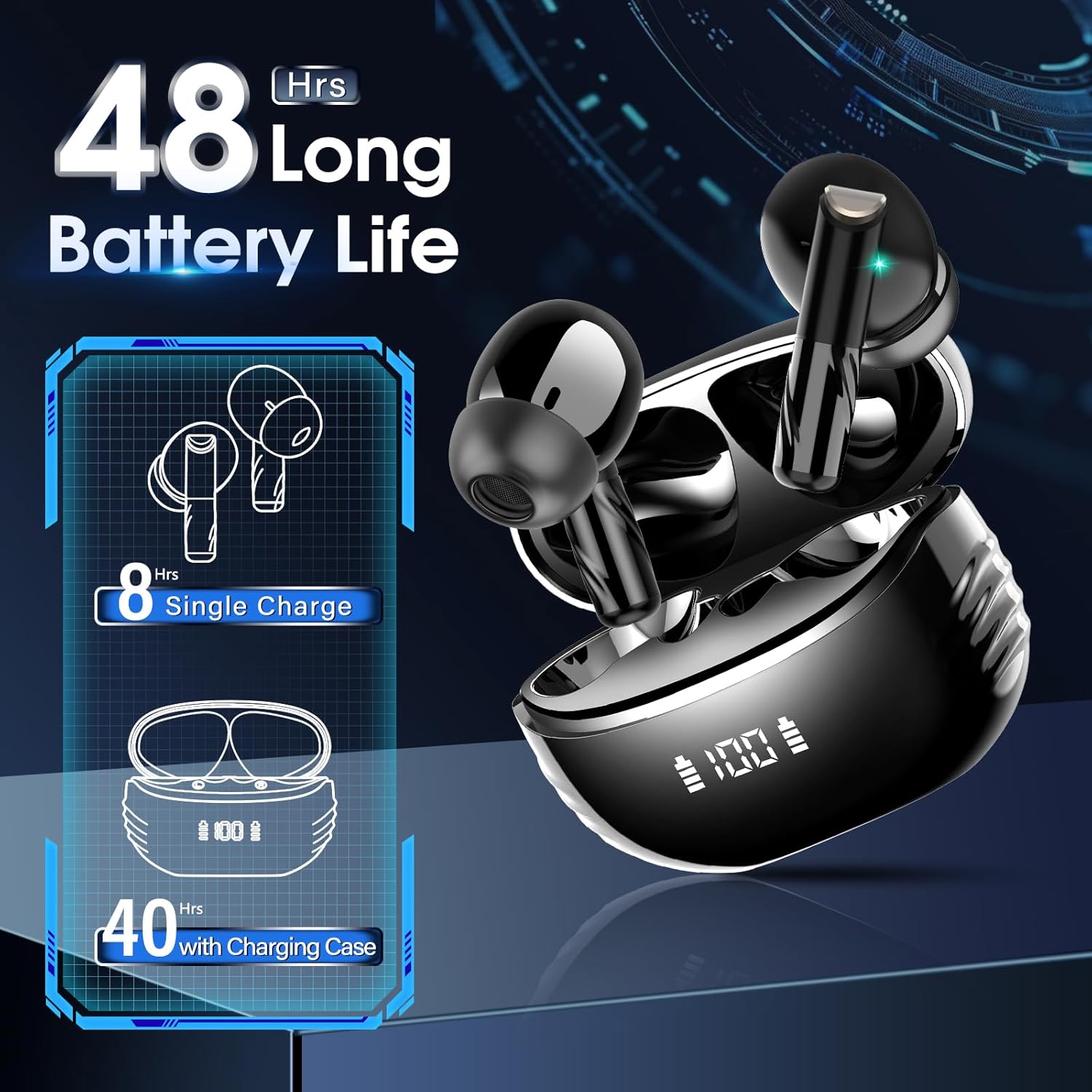 Wireless Earbuds Bluetooth 5.4 Headphones Premium Sound Ear Buds with ENC Noise Cancelling, 48H Playback in Ear Earphones with LED Display, IPX7 Waterproof Earbuds for iOS Andriod Sport/Workout/Black - Image 3