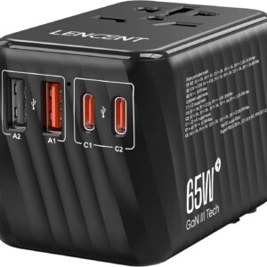 LENCENT Universal Travel Adapter, 65W GaN International Fast Charger with 2 PD3.0 Type C+2 QC USB A, Worldwide Power Adaptor for Phones,Laptops, All in One Travel Essentials for EU/USA/UK/AU, Black
