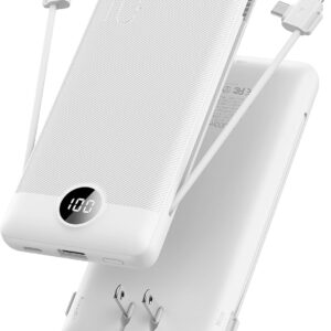 VRURC Portable Charger Built-in Cables and AC Wall Plug, USB C Power Bank 10000mAh, [2023 Upgraded Version] Phone Charger Compact Lightweight External Battery Pack for Smart Phones, Tablets etc-White
