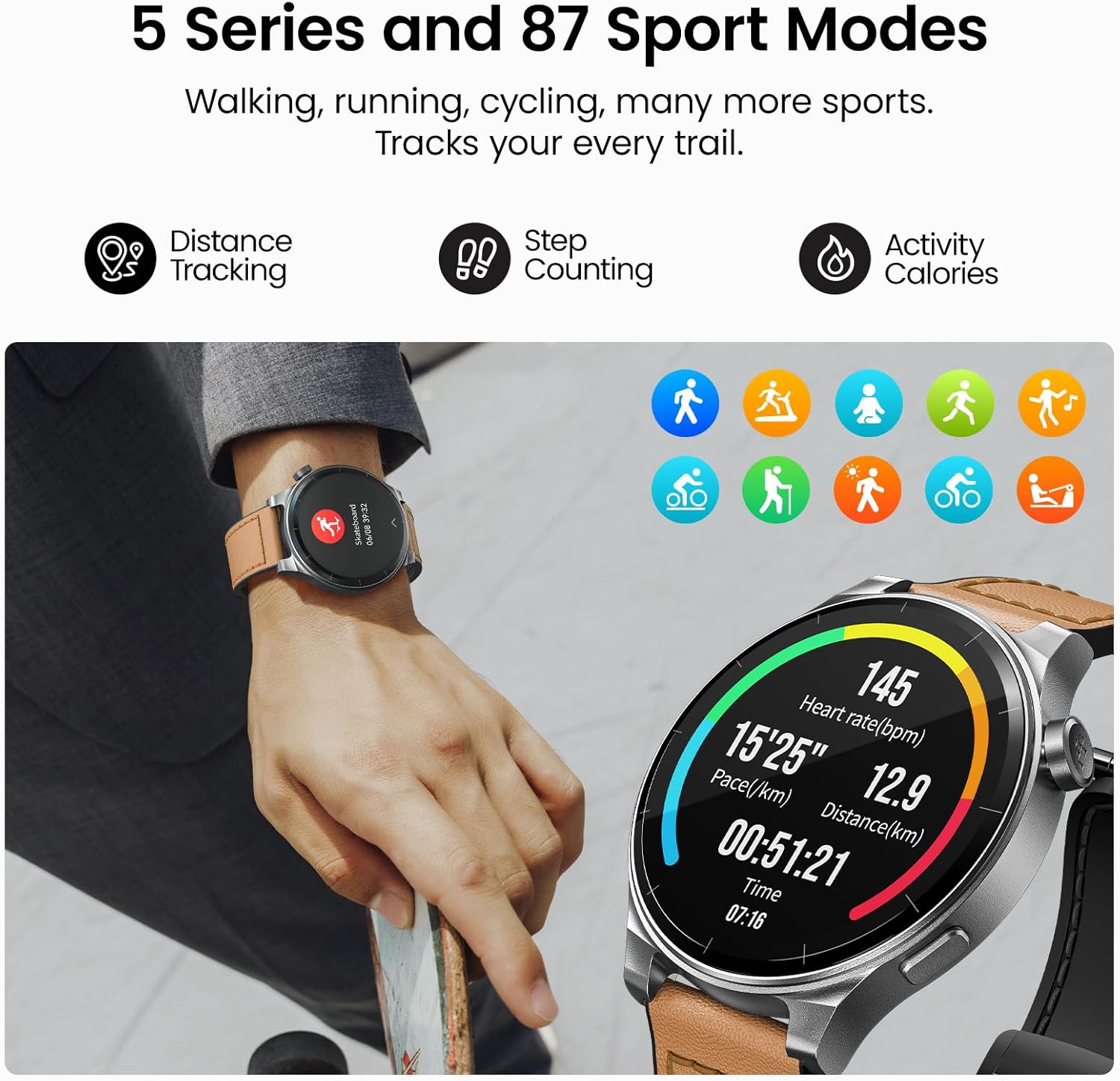 TOZO AMOLED S5 Smart Watch (Answer/Make Calls), 1.43’’ HD Screen for Men Women 100+ Sport Modes Fitness Watchs with Blood Oxygen/Sleep/Heart Rate Monitor, IP68 Waterproof, Leather Band Orange - Image 7