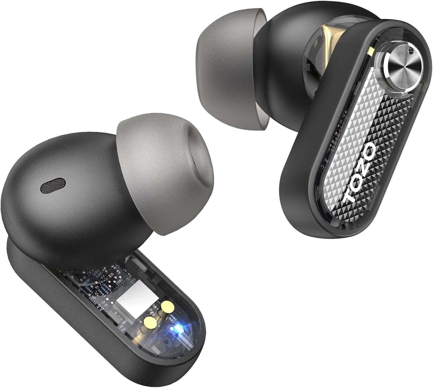 TOZO Hybrid Active Noise Cancelling Wireless Earbuds, 10mm Drivers Deep Bass Stereo Sound, 4 Mics Smart ENC AI Calls, 32 EQ Customization via App, Bluetooth 5.4 Headphones, Crystal Case Design
