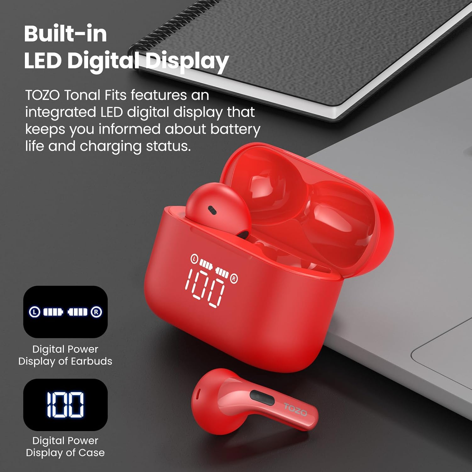 TOZO T21 Wireless Earbuds Bluetooth 5.3 in Ear Headphones Dual Mic Call Noise Cancelling IPX8 Waterproof 44H Playback Stereo Sound with LED Display Wireless Charging Case 32 EQs via APP Red - Image 2