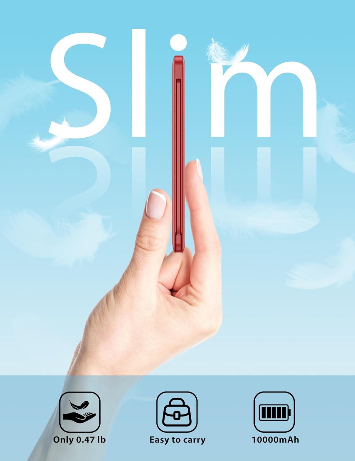 miisso 10000mah Slim Portable Charger with Built in Cable, Power Bank Travel Phone Charger External Battery Pack for Phones, 4 Output USB C Cords Clutch Charger Compatible with iPhone, Samsung, Red - Image 2