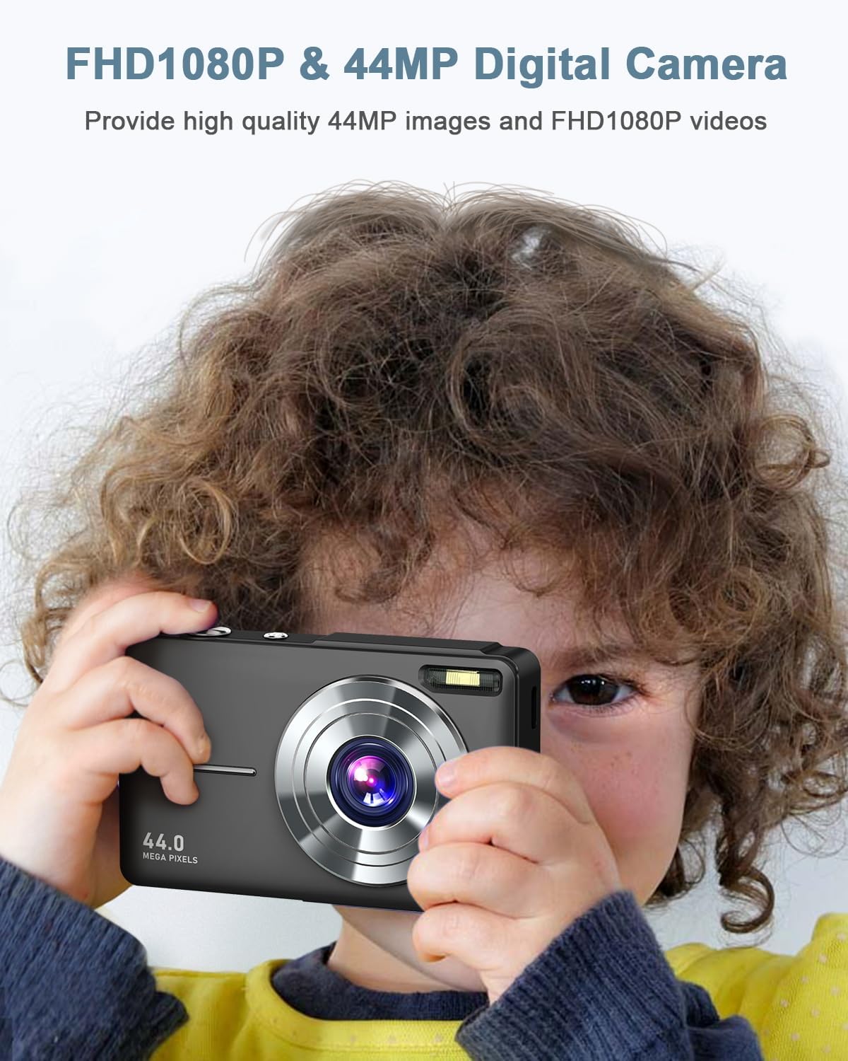 Digital Camera, Lecran FHD 1080P Kids Camera 44MP with 32GB Card, 2 Batteries, Lanyard, 16X Zoom Anti Shake, Compact Portable Small Point Shoot Camera for Kids Student Children Teens Girl Boy(Black) - Image 2