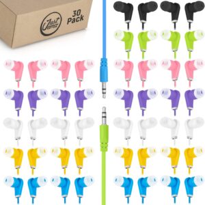 Earbuds Bulk Bits, 30 Pack | Multicolored Earbuds Pack, in-Ear 3.5mm Stereo in-Ear Headphones, Ear Buds Bulk, Disposable Headphones, Multi-Color Earphones | School, Classroom, Library