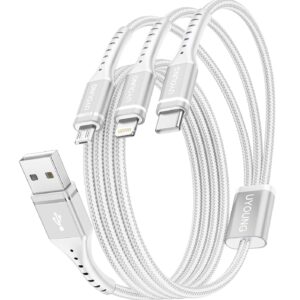 Multi Charging Cable(2 Pack 4 FT), 3 in 1 Charger Cable Nylon Braided Multiple USB Cable Universal Charging Cord with Type-C/Lightning/Micro USB Port Connectors, Compatible with Most Phones & iPads
