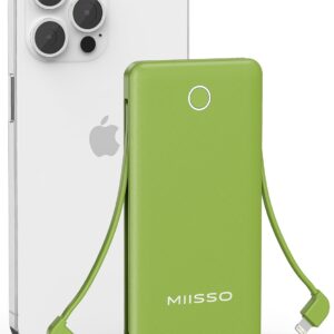 miisso 10000mAh Slim Portable Charger with Built in Cable, Power Bank Travel Charger External Battery Pack for Phone, 4 Output USB Type C Cord Clutch Charger Compatible with iPhone, Green