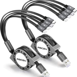 2Pack Multi Charging Cable, 4 in 1 5Ft Retractable iPhone Charger Cable, Multi Charging Cord, Retractable USB Cable with iP/Type C/Micro USB Ports for iPhone16/15/14 Series/Cell Phones/Samasung & More