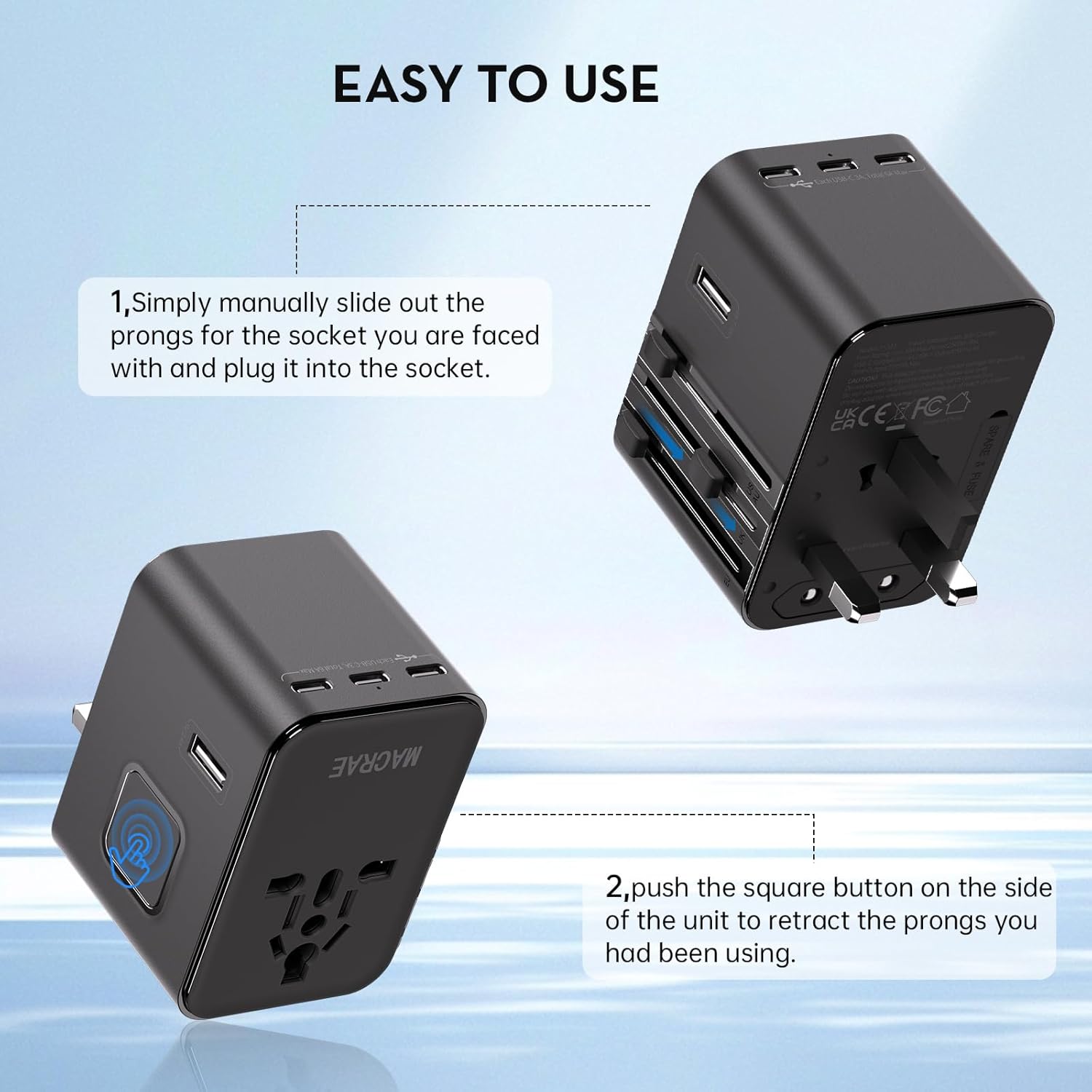 Universal Travel Adapter Worldwide with 3 USB C and 2 USB A Ports, MACRAE Universal European Plug Adaptor US to World, International Power Adapter for EU, USA, UK, Australia, Thailand, India etc - Image 3