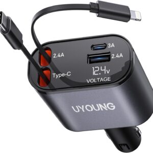 iPhone Car Charger, Retractable Fast Car Phone Charger 100W for CarPlay, 4 in 1 Car Charger Adapter with 2 Cables 31.5 Inch and 2 USB Ports, Compatible with iPhone 16/15/14/13/12/11 Pro/Samsung