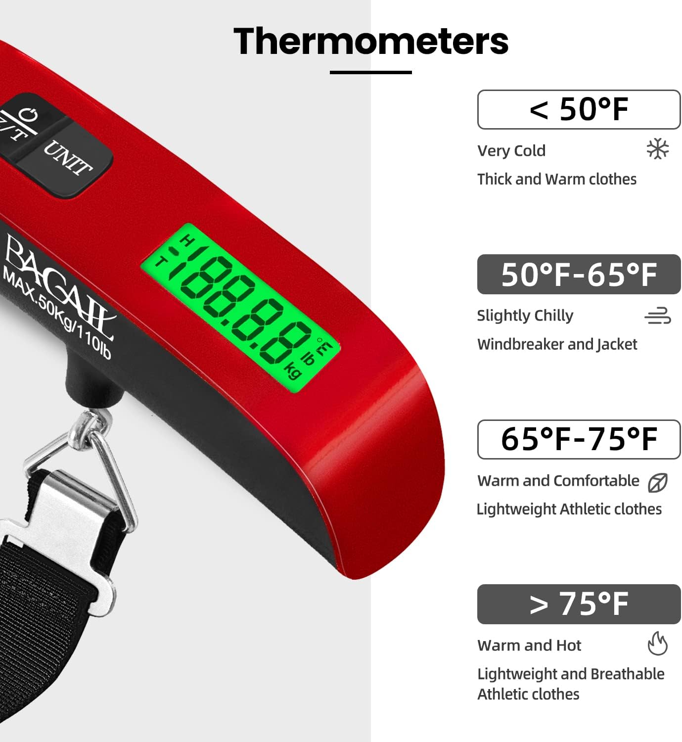 BAGAIL Digital Luggage Scale, 110lbs Hanging Baggage Scale with Backlit LCD Display, Portable Suitcase Weighing Scale, Travel Luggage Weight Scale with Hook, Strong Straps for Travelers - Image 4