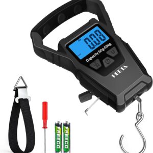 HEETA Waterproof Fish Scale Digital with Backlit LCD Display, 110lb/50kg Portable Hanging Scale Fishing Scale for Home and Outdoor, Measuring Tape and 2 AAA Batteries Included