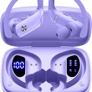 bmani Wireless Earbuds Bluetooth Headphones 48hrs Play Back Sport Earphones with LED Display Over-Ear Buds with Earhooks Built-in Mic Headset for Workout Purple