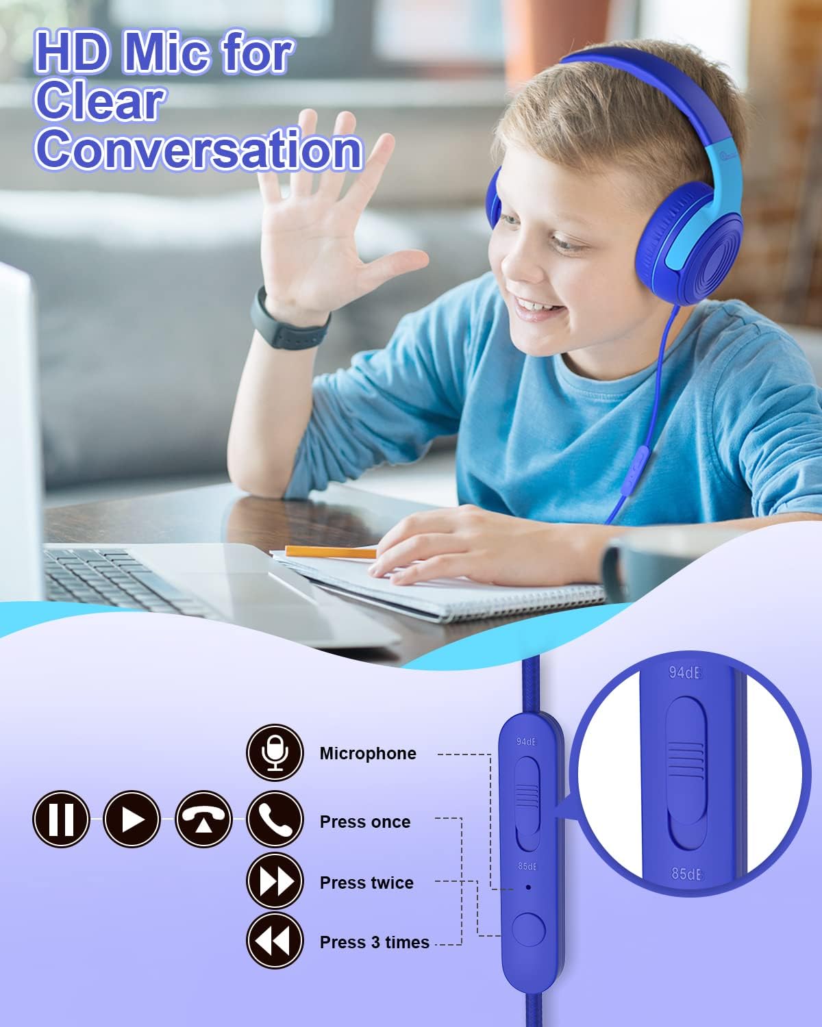 ELECDER Kids Headphones, S8 Wired Headphones for Kids with Microphone for Boys Girls, Adjustable 85dB/94dB Volume Limited (Navy/Blue) - Image 3