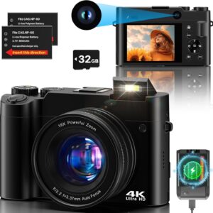 4K Digital Camera, 64MP Dual Cameras for Photography Autofocus Anti-Shake, Video Vlogging Camera for YouTube, Compact Travel Camera with 32GB SD Card, 16X Digital Zoom, Flashlight, 2 Batteries+Charger